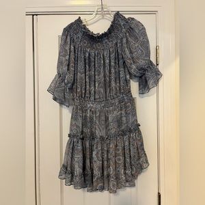 MISA blue paisley sheer dress off shoulder